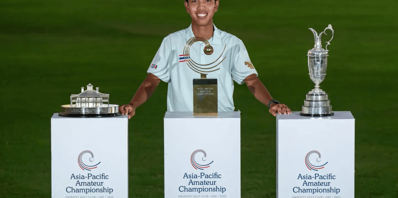 Fifa Laopakdee, the first Thai to win the Asia-Pacific Amateur Championship, stands proudly with the championship trophies at Emirates Golf Club in Dubai.