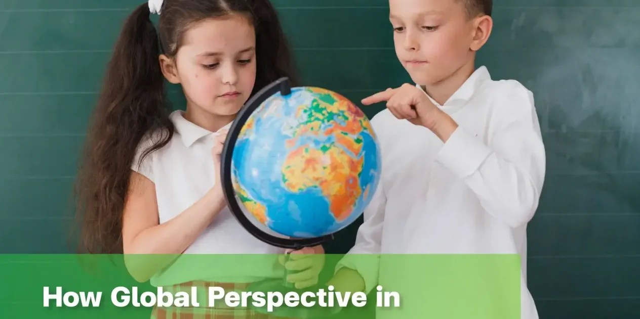Children identifying countries on a globe as part of global perspective learning.