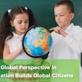 Children identifying countries on a globe as part of global perspective learning.
