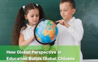 Children identifying countries on a globe as part of global perspective learning.