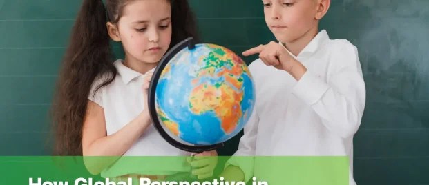 Children identifying countries on a globe as part of global perspective learning.
