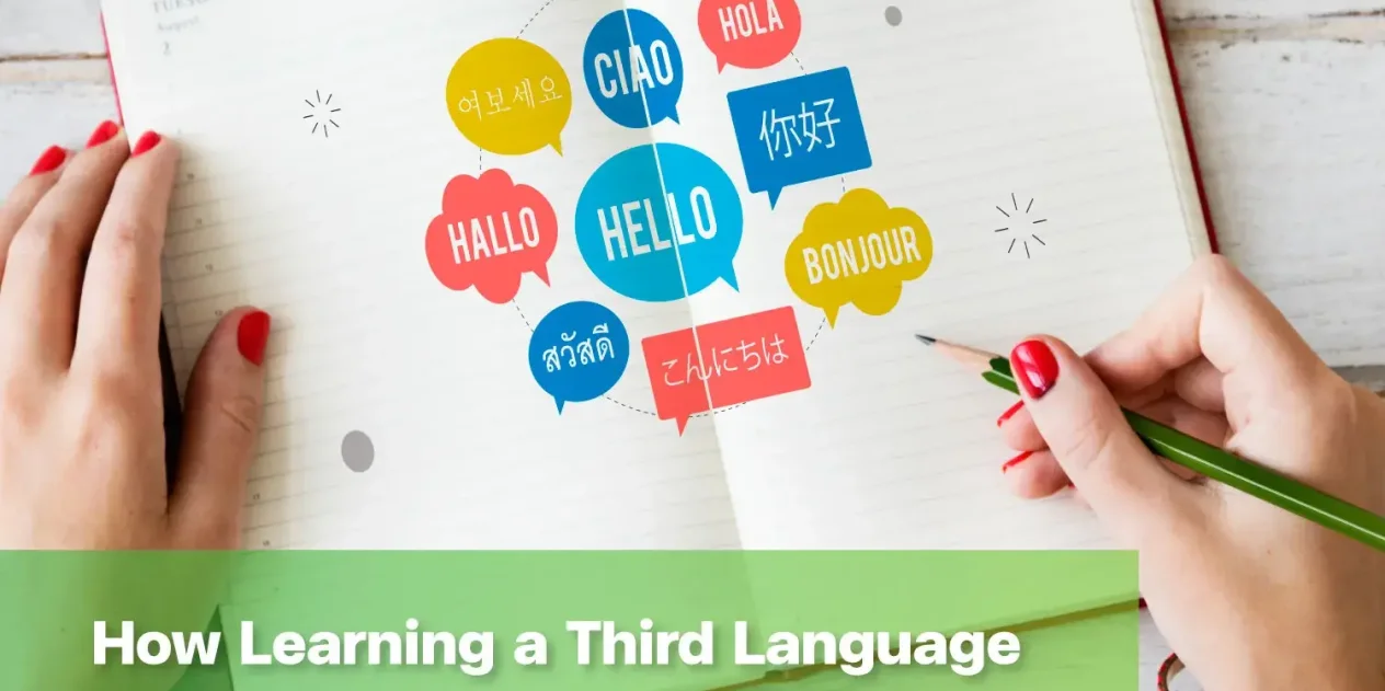 Children learning a third language with multilingual greetings in a notebook.