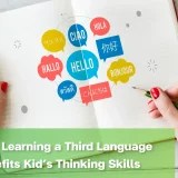 Children learning a third language with multilingual greetings in a notebook.