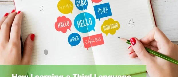 Children learning a third language with multilingual greetings in a notebook.