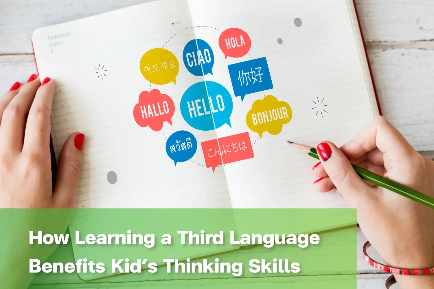 Children learning a third language with multilingual greetings in a notebook.