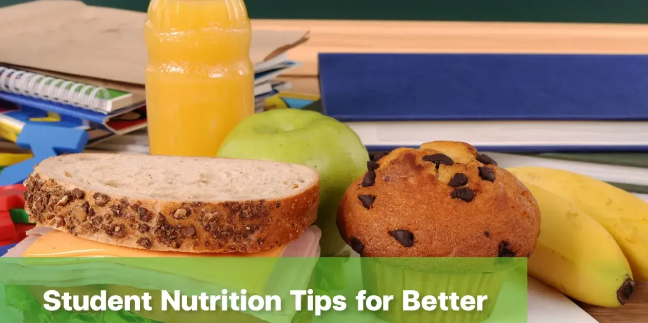 Healthy eating habits for students with a balanced school lunch, fruit, juice and snacks.