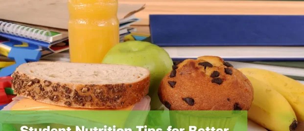 Healthy eating habits for students with a balanced school lunch, fruit, juice and snacks.