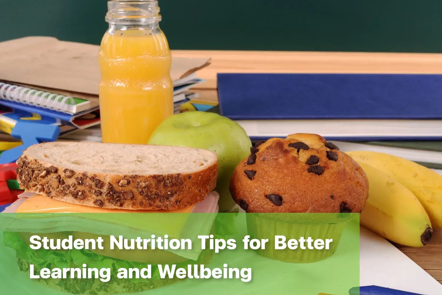 Healthy eating habits for students with a balanced school lunch, fruit, juice and snacks.