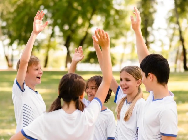 Students celebrating together outdoors, highlighting positive school culture benefits through teamwork.
