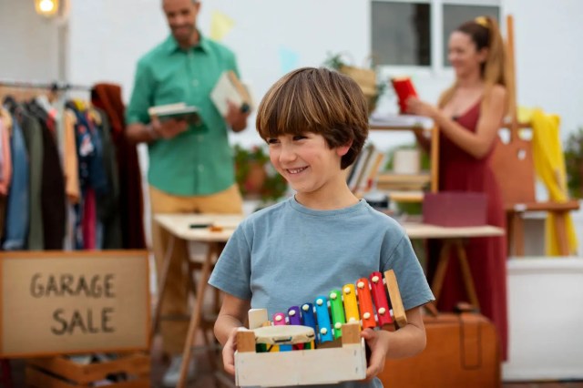 Student learning from local markets at a community garage sale.