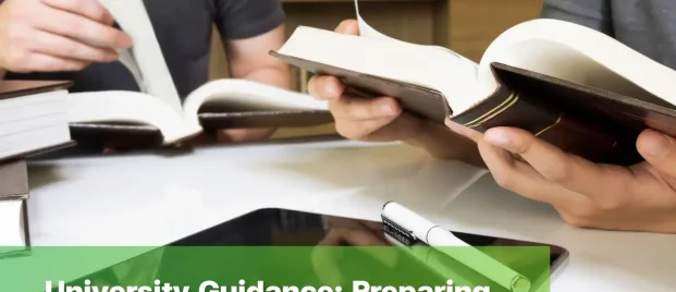 Students using books and a tablet during university guidance preparation in a school library.