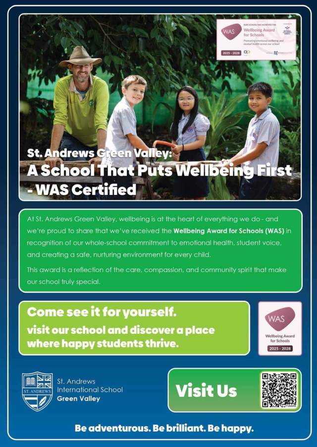 certificate-presented Official Wellbeing Award for Schools certificate presented to St. Andrews International School, Green Valley on 13 June 2025.