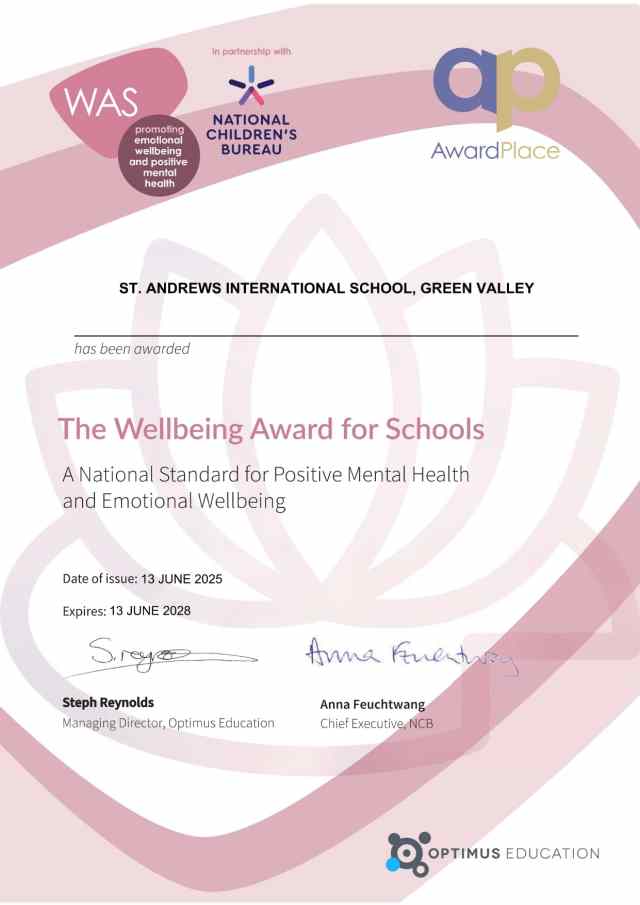 official-wellbeing-award Official Wellbeing Award for Schools certificate presented to St. Andrews International School, Green Valley on 13 June 2025.