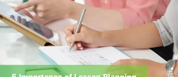 Teacher demonstrating lesson planning for primary school learning activity.